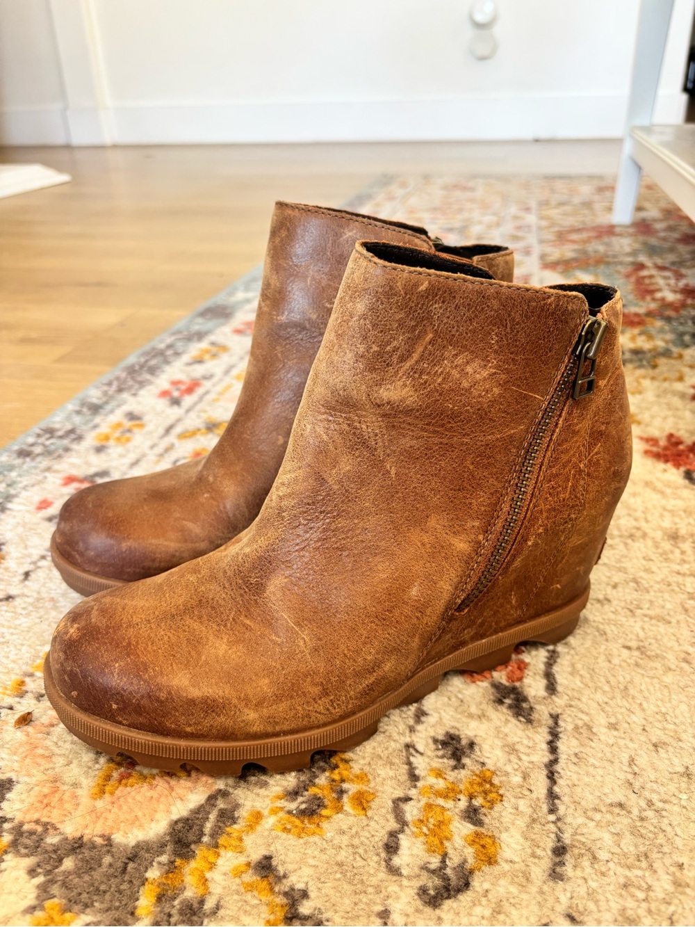 Sorel Tan/Brown Leather Wedge Ankle Boot with Side Zip